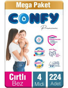 Confy Premium Maxi 4 Numara Organik Cırtlı Bebek Bezi 224 Adet