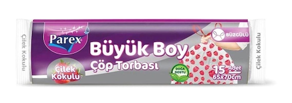 Parex Çilek Kokulu Büzgülü Şeffaf Büyük Boy 65x70 cm Çöp Poşeti 6x15 Adet Kırmızı-Beyaz