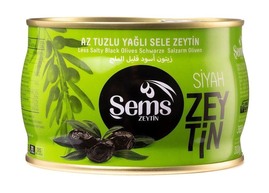 Şems Zeytin 351-380 Kalibre Az Tuzlu Sele Siyah Zeytin Teneke 300 gr