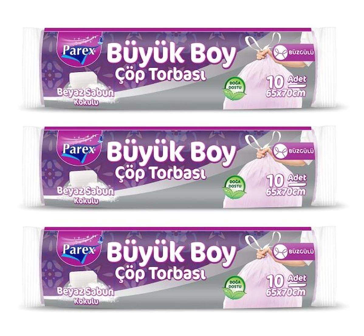 Parex Beyaz Sabun Kokulu Büzgülü Büyük Boy 65x70 cm Çöp Poşeti 3x10 Adet Beyaz