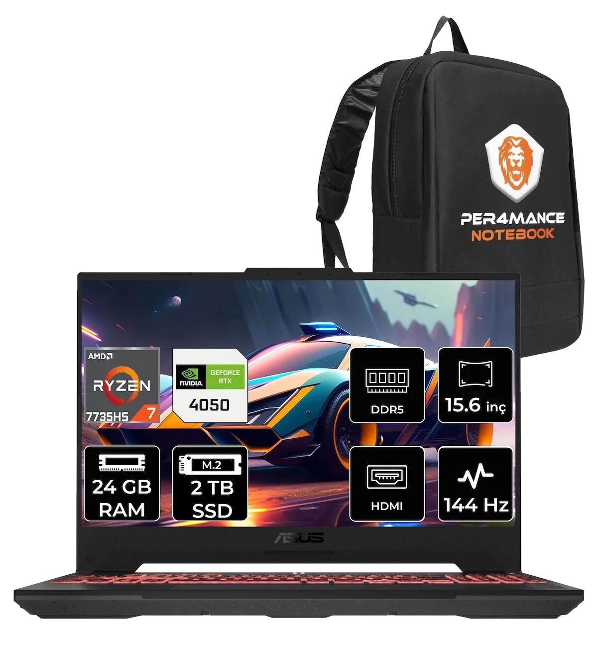 Asus TUF Gaming A15 LP030 Harici GeForce RTX 4050 AMD Ryzen 7 7735HS 24 GB Ram 2 TB SSD 15.6 inç Full HD FreeDos Oyuncu Laptop + PER4 Çanta