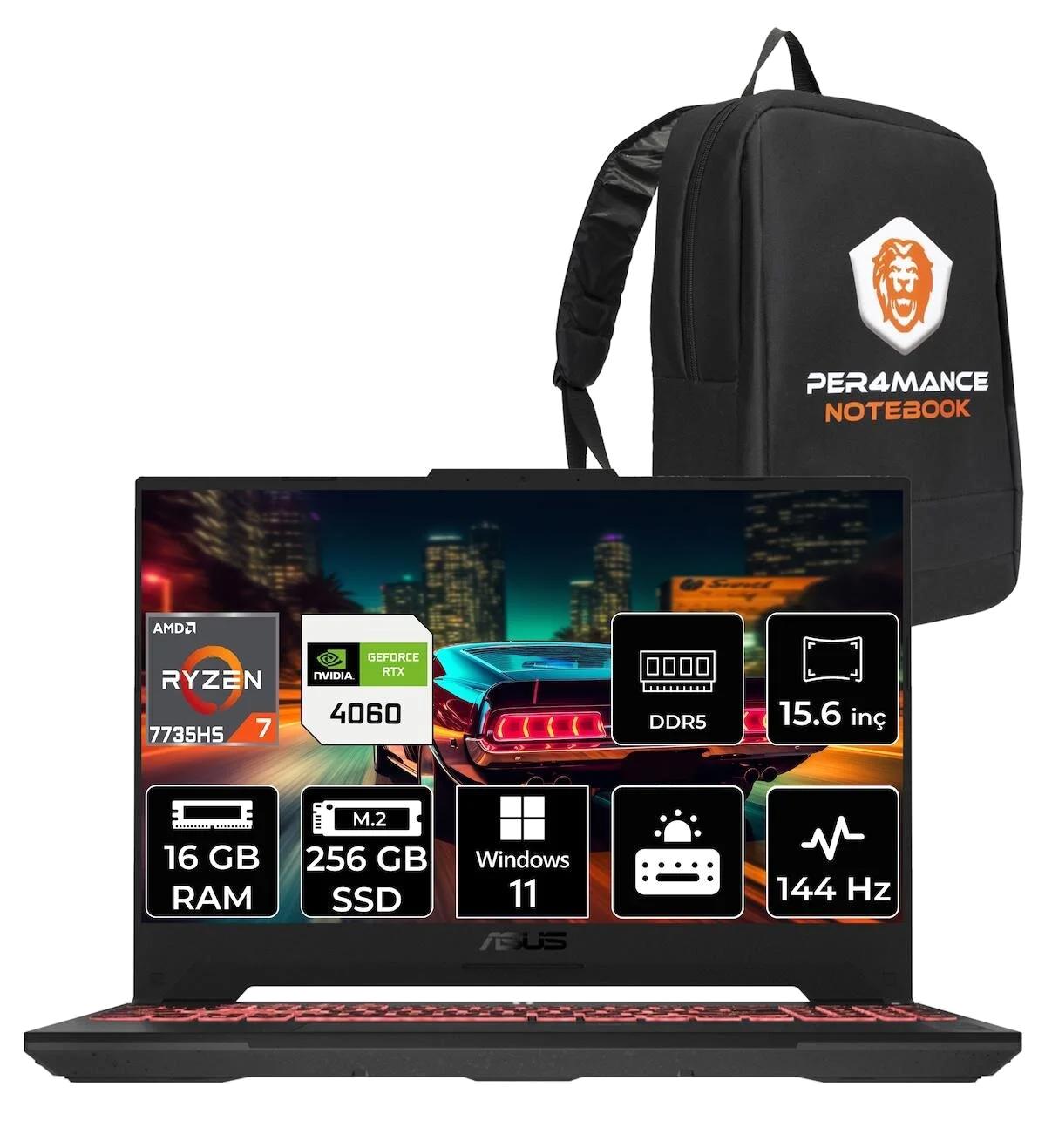 Asus TUF Gaming A15 LP037 Harici GeForce RTX 4060 AMD Ryzen 7 7735HS 16 GB Ram 256 GB SSD 15.6 inç Full HD Windows 11 Home Oyuncu Laptop + PER4 Çanta