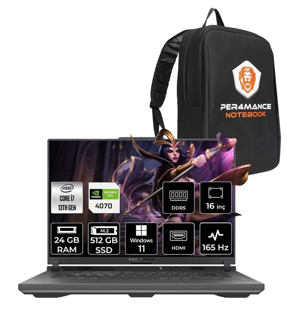 Asus ROG Strix G16 N3411 Harici GeForce RTX 4070 Intel Core i7 13650HX 24 GB Ram 512 GB SSD 16 inç Full HD Windows 11 Home Oyuncu Laptop + PER4 Çanta