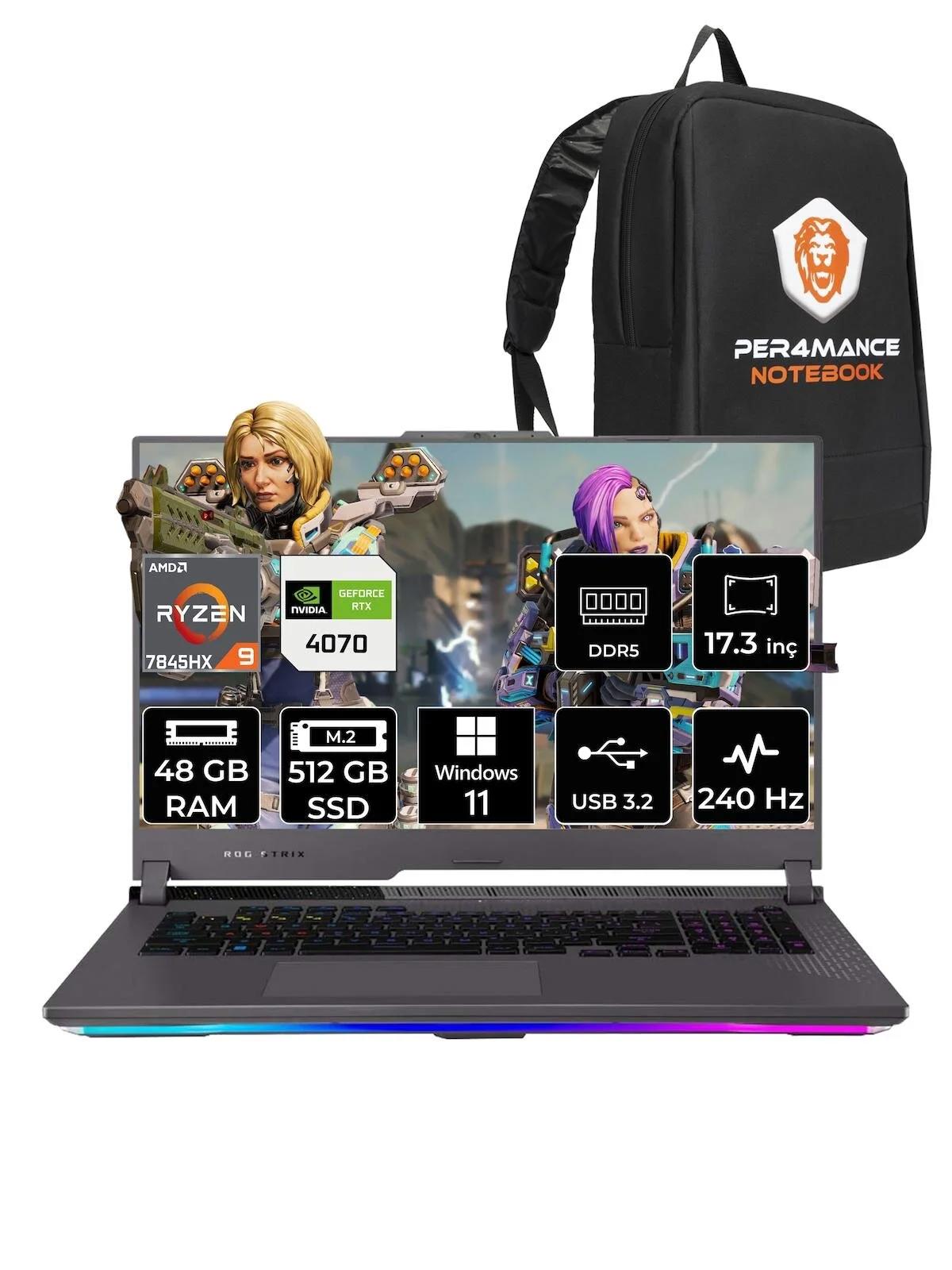 Asus ROG Strix G17 LL082 Harici GeForce RTX 4070 AMD Ryzen 9 7845HX 48 GB Ram 512 GB SSD 17.3 inç QHD Windows 11 Pro Oyuncu Laptop + PER4 Çanta