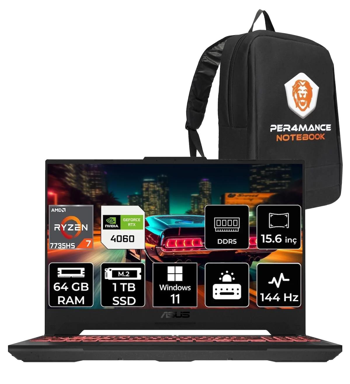 Asus TUF Gaming A15 LP037 Harici GeForce RTX 4060 AMD Ryzen 7 7735HS 64 GB Ram 1 TB SSD 15.6 inç Full HD Windows 11 Home Oyuncu Laptop + PER4 Çanta