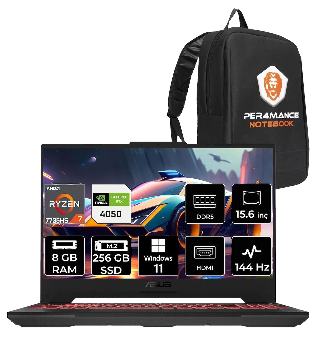 Asus TUF Gaming A15 LP051 Harici GeForce RTX 4050 AMD Ryzen 7 7735HS 8 GB Ram 256 GB SSD 15.6 inç Full HD Windows 11 Pro Oyuncu Laptop + PER4 Çanta