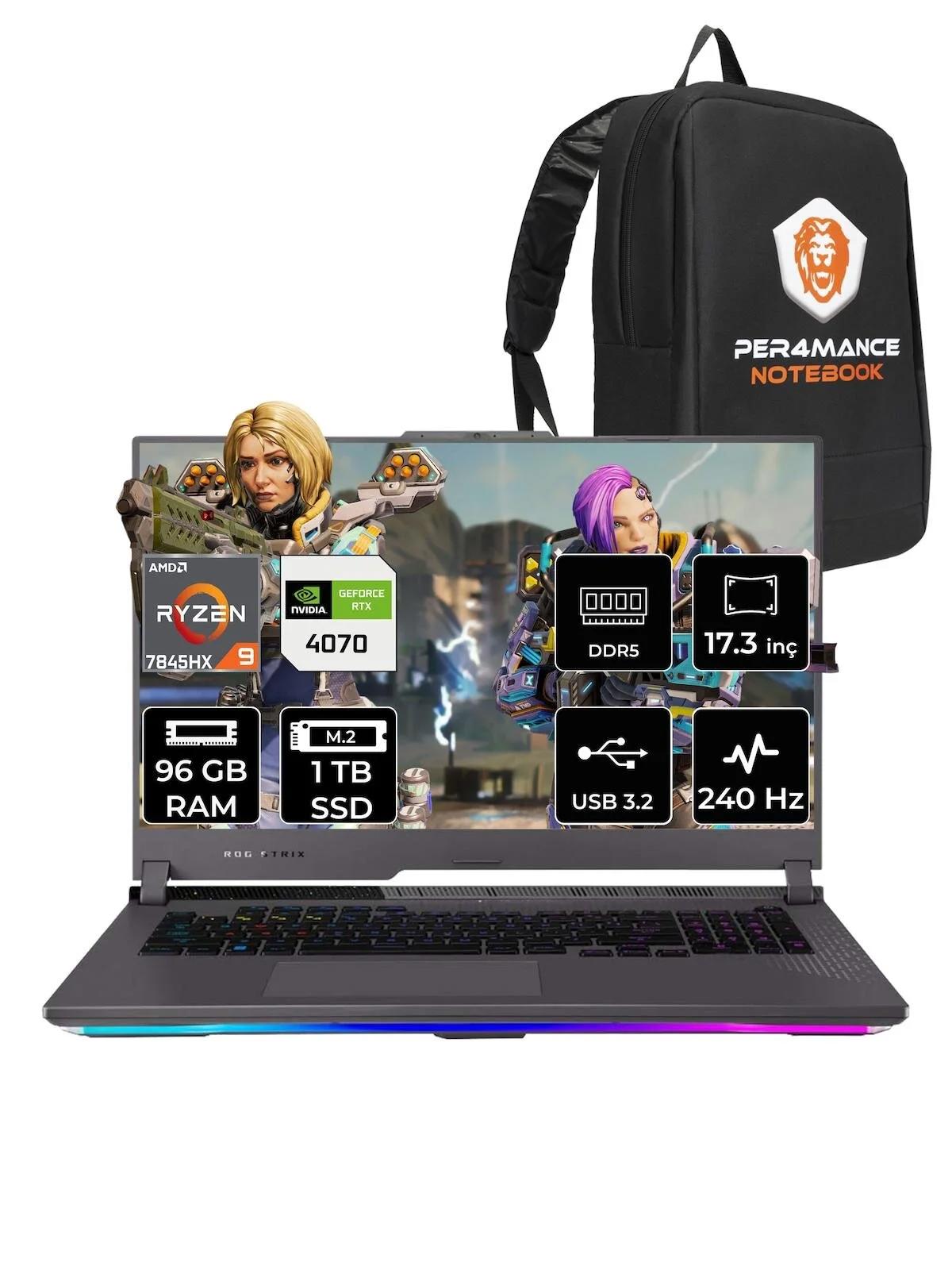 Asus ROG Strix G17 LL047 Harici GeForce RTX 4070 AMD Ryzen 9 7845HX 96 GB Ram 1 TB SSD 17.3 inç QHD FreeDos Oyuncu Laptop + PER4 Çanta