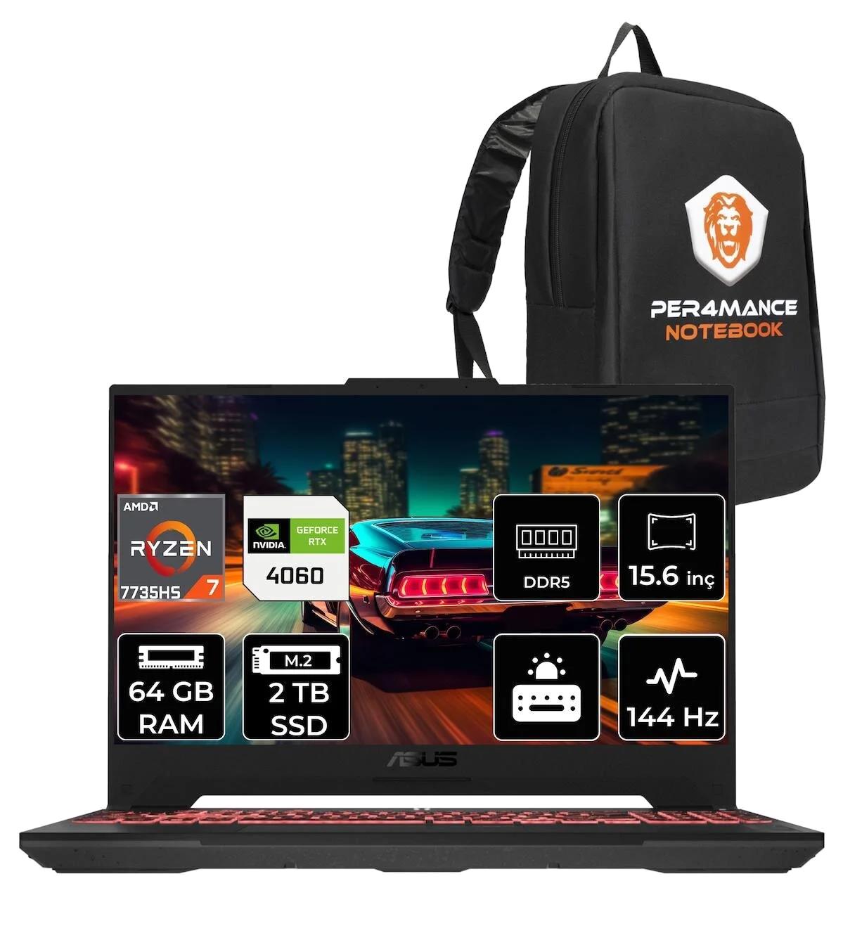 Asus TUF Gaming A15 LP039 Harici GeForce RTX 4060 AMD Ryzen 7 7735HS 64 GB Ram 2 TB SSD 15.6 inç Full HD FreeDos Oyuncu Laptop + PER4 Çanta