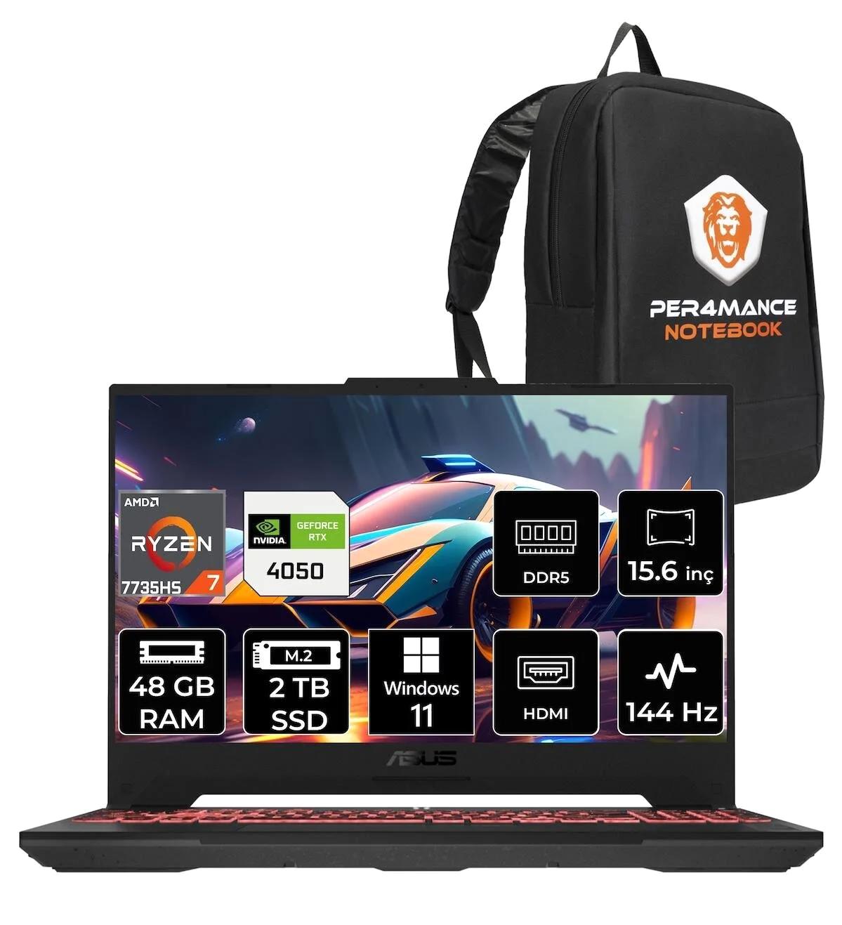 Asus TUF Gaming A15 LP051 Harici GeForce RTX 4050 AMD Ryzen 7 7735HS 48 GB Ram 2 TB SSD 15.6 inç Full HD Windows 11 Home Oyuncu Laptop + PER4 Çanta