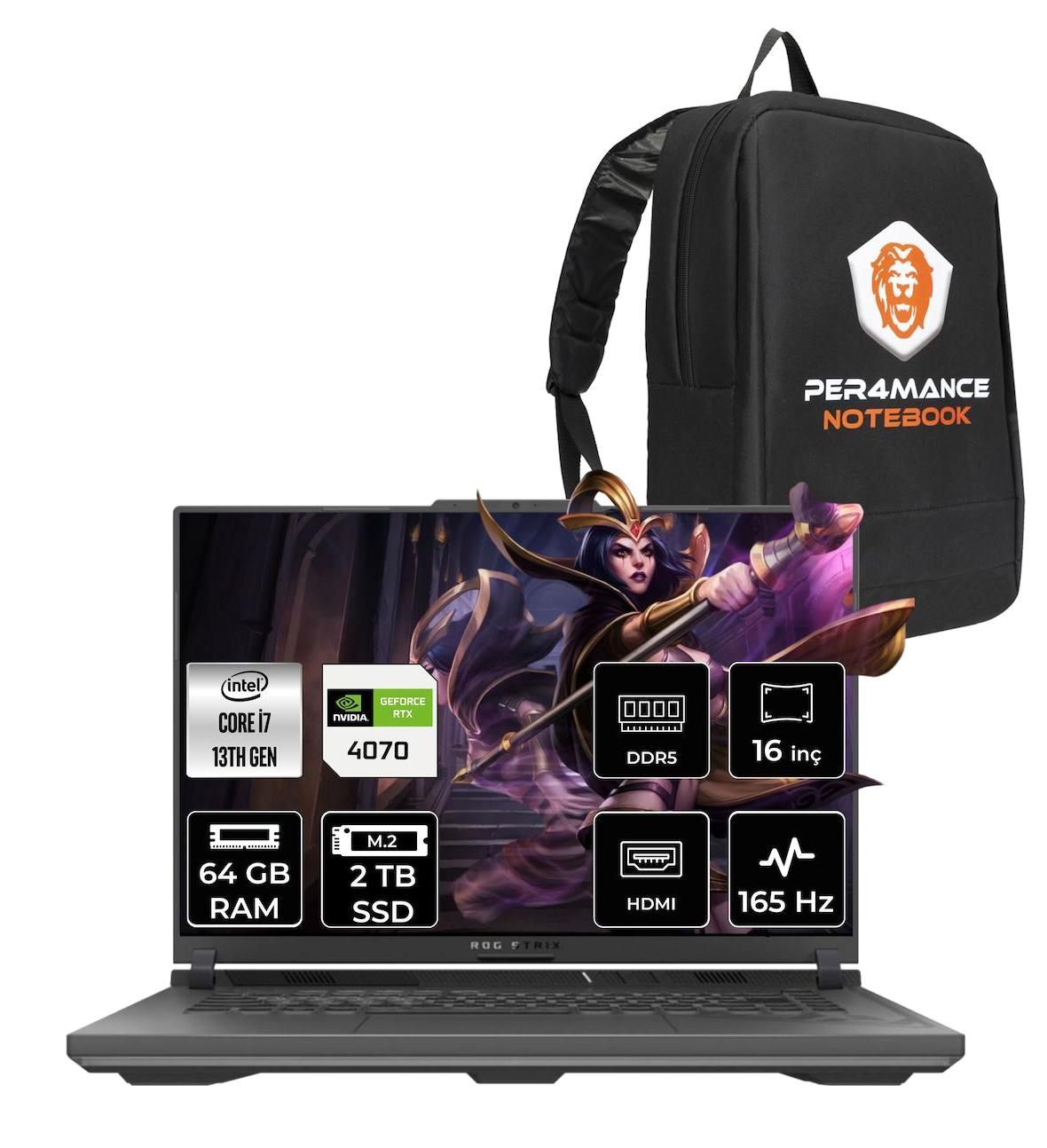 Asus ROG Strix G16 N3127 Harici GeForce RTX 4070 Intel Core i7 13650HX 64 GB Ram 2 TB SSD 16 inç Full HD FreeDos Oyuncu Laptop + PER4 Çanta