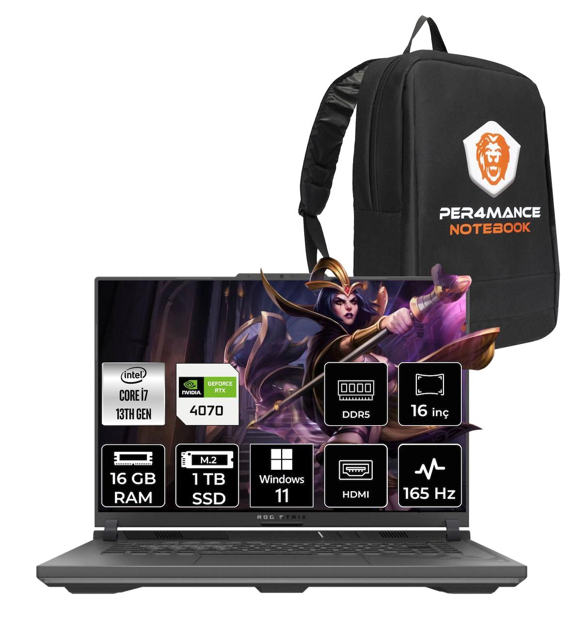 Asus ROG Strix G16 N3187 Harici GeForce RTX 4070 Intel Core i7 13650HX 16 GB Ram 1 TB SSD 16 inç Full HD Windows 11 Pro Oyuncu Laptop + PER4 Çanta