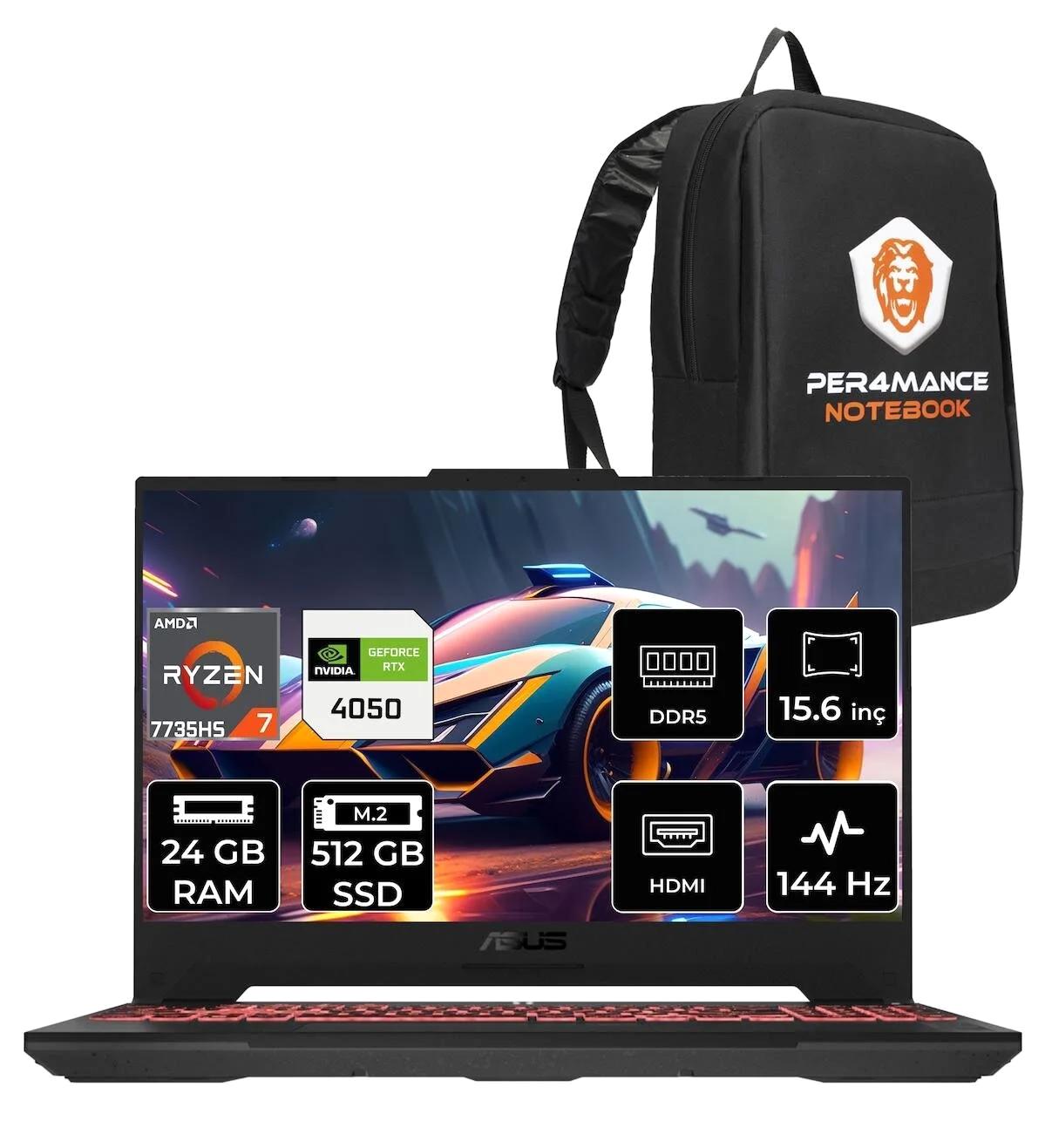 Asus TUF Gaming A15 LP052 Harici GeForce RTX 4050 AMD Ryzen 7 7735HS 24 GB Ram 512 GB SSD 15.6 inç Full HD FreeDos Oyuncu Laptop + PER4 Çanta