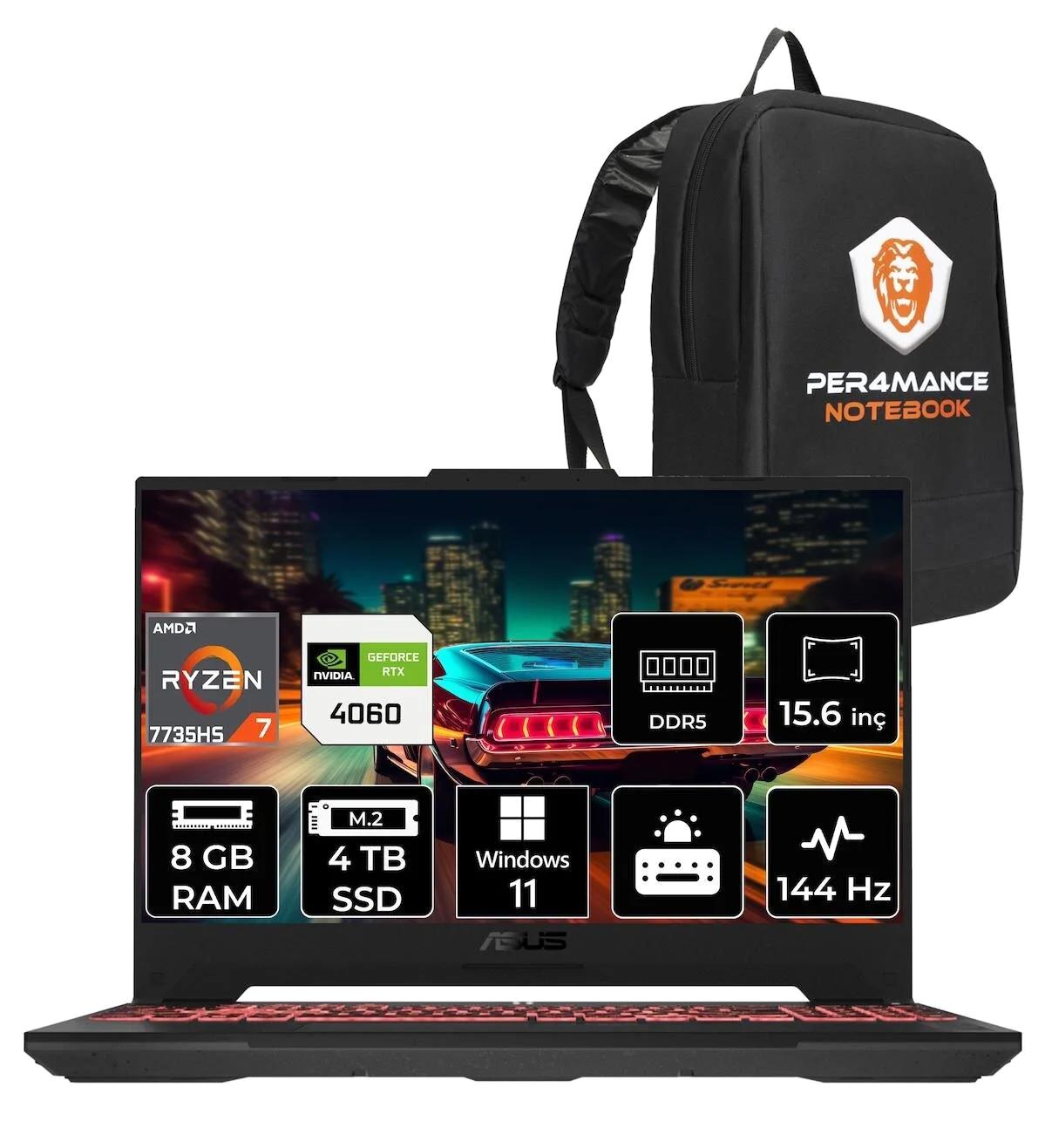 Asus TUF Gaming A15 LP037 Harici GeForce RTX 4060 AMD Ryzen 7 7735HS 8 GB Ram 4 TB SSD 15.6 inç Full HD Windows 11 Pro Oyuncu Laptop + PER4 Çanta