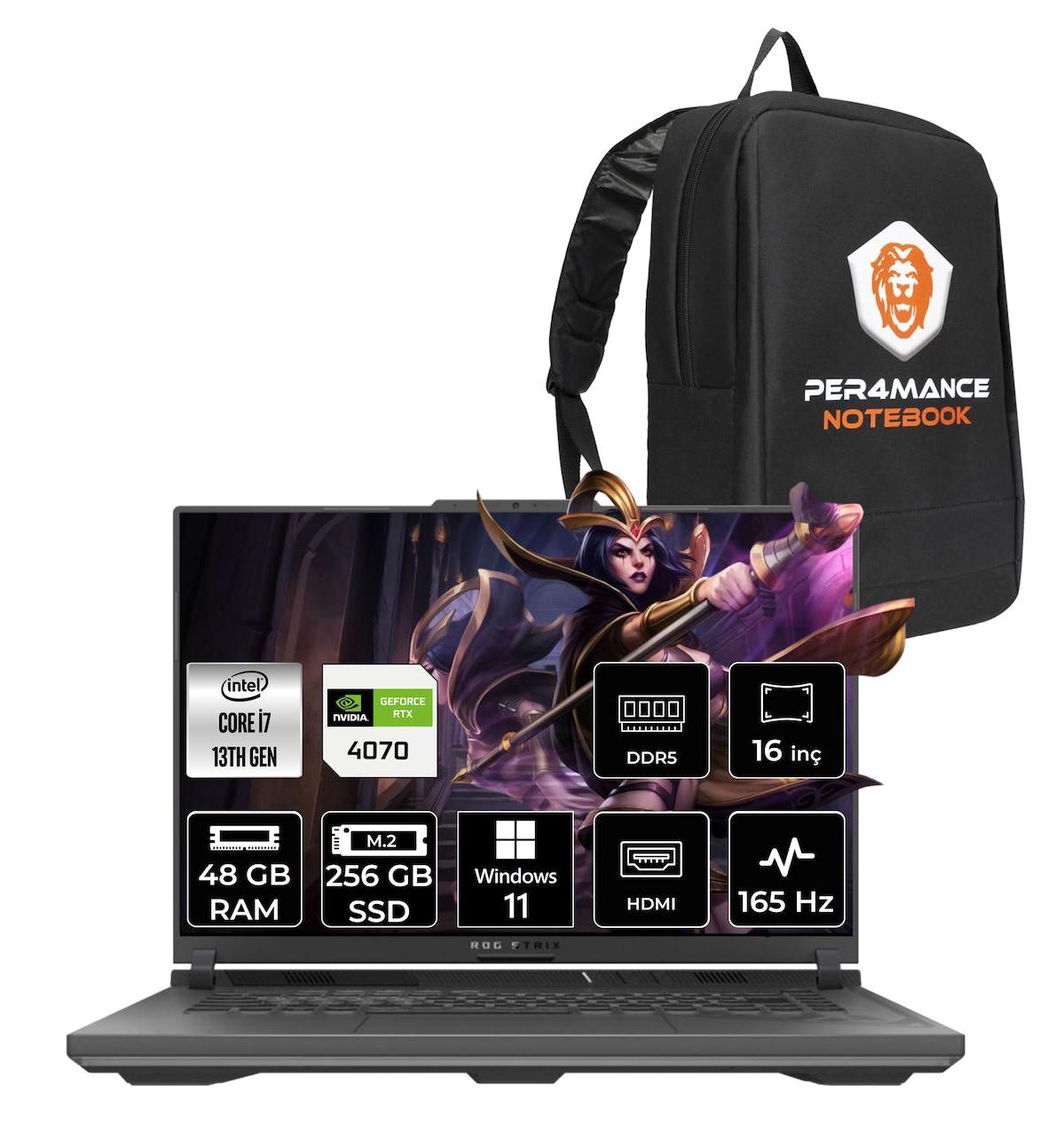 Asus ROG Strix G16 N3127 Harici GeForce RTX 4070 Intel Core i7 13650HX 48 GB Ram 256 GB SSD 16 inç Full HD Windows 11 Home Oyuncu Laptop + PER4 Çanta