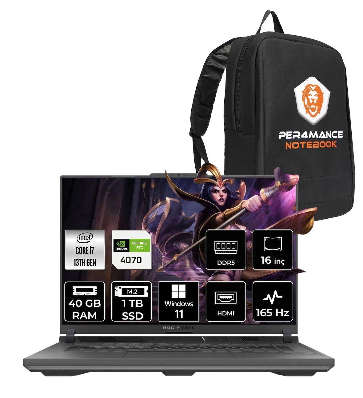 Asus ROG Strix G16 N3127 Harici GeForce RTX 4070 Intel Core i7 13650HX 40 GB Ram 1 TB SSD 16 inç Full HD Windows 11 Pro Oyuncu Laptop + PER4 Çanta