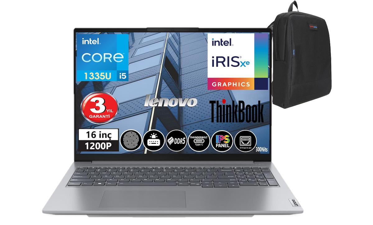 Lenovo Thinkbook 16 21KH001ETR Zİ706 Dahili Intel Iris Xe Graphics Eligible Intel Core i5 1335U 32 GB DDR5 Ram 512 GB SSD 16 inç Full HD Windows 11 Pro Laptop + WeblegelsinÇanta