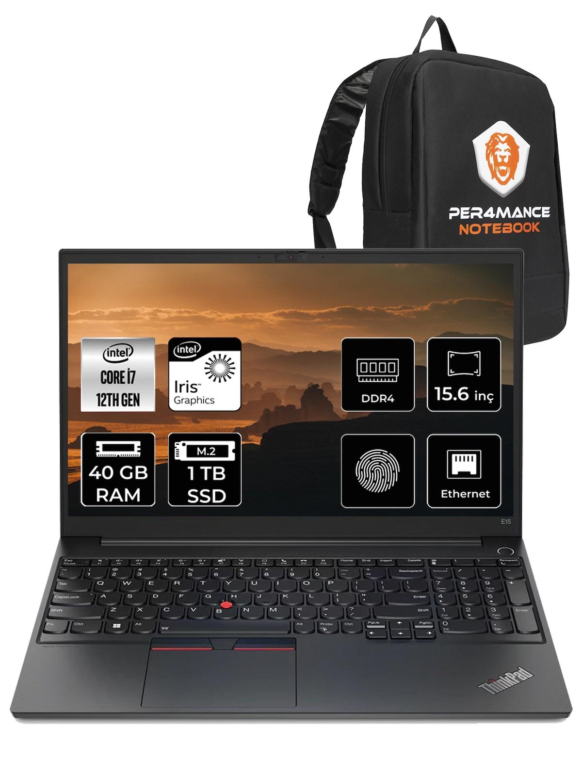 Lenovo E15 21E6006YTX Dahili Intel Iris Xe Graphics Eligible Intel Core i7 1255U 40 GB Ram 1 TB SSD 15.6 inç Full HD FreeDos Laptop + PER4 Çanta