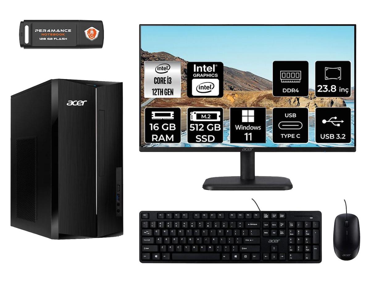 Acer Aspire TC1760 DT.BHUEM.004 Dahili Intel UHD Graphics Intel Core i3 12100 16 GB Ram 512 GB SSD Tower Windows 11 Home 23.8 inç Monitörlü Masaüstü Bilgisayar