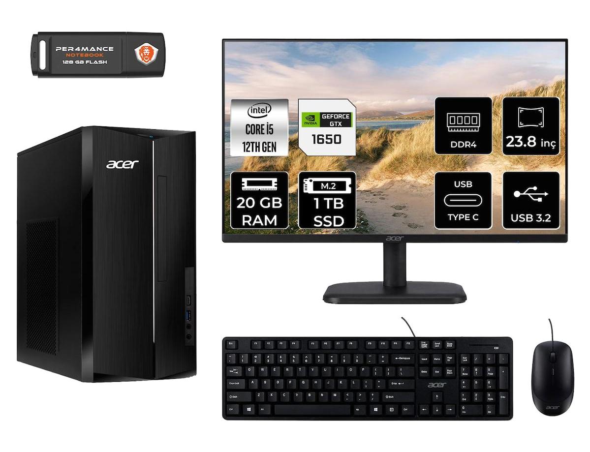 Acer Aspire TC1760 DT.BHUEM.005 Harici GeForce GTX 1650 Intel Core i5 12400 20 GB Ram 1 TB SSD Tower FreeDos 23.8 inç Monitörlü Masaüstü Bilgisayar