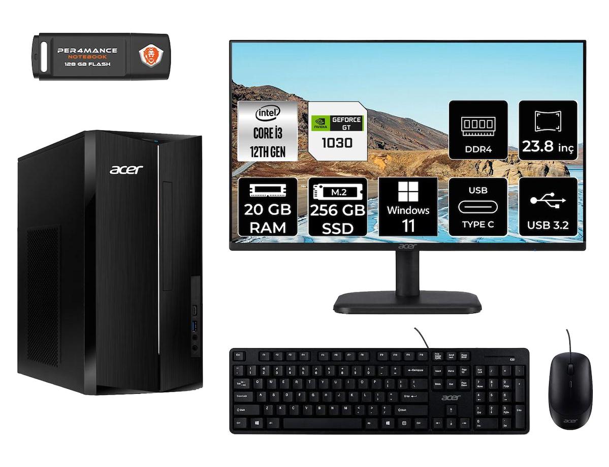 Acer Aspire TC1760 DT.BHUEM.004 Harici GeForce GT 1030 Intel Core i3 12100 20 GB Ram 256 GB SSD Tower Windows 11 Pro 23.8 inç Monitörlü Masaüstü Bilgisayar