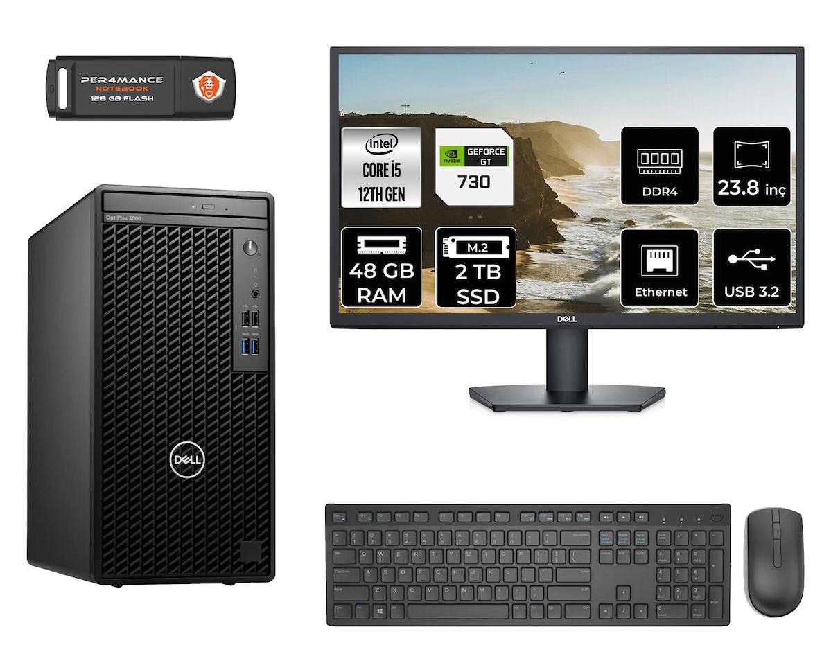 Dell OptiPlex 3000MT N010O3000MTAC Harici GeForce GT 730 4 GB Intel Core i5 12500 48 GB Ram 2 TB SSD Tower FreeDos 23.8 inç Monitörlü Masaüstü Bilgisayar