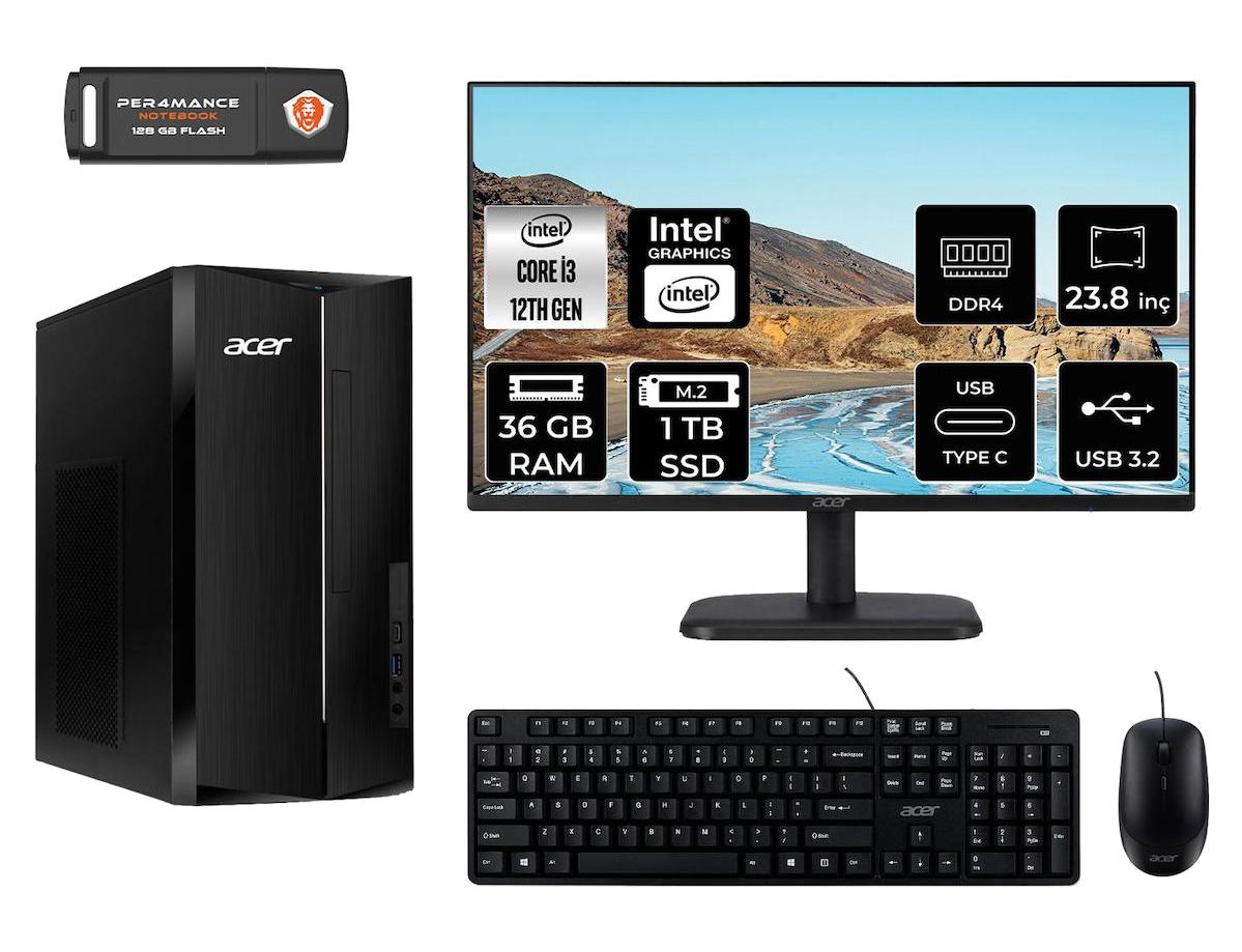 Acer Aspire TC1760 DT.BHUEM.004 Dahili Intel UHD Graphics Intel Core i3 12100 36 GB Ram 1 TB SSD Tower FreeDos 23.8 inç Monitörlü Masaüstü Bilgisayar