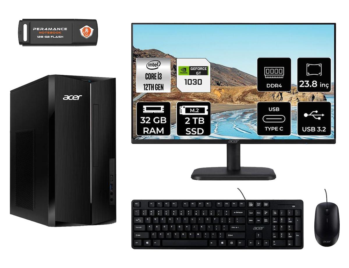 Acer Aspire TC1760 DT.BHUEM.004 Harici GeForce GT 1030 Intel Core i3 12100 32 GB Ram 2 TB SSD Tower FreeDos 23.8 inç Monitörlü Masaüstü Bilgisayar