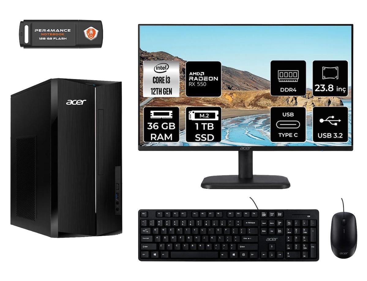 Acer Aspire TC1760 DT.BHUEM.004 Harici Radeon RX 550 Intel Core i3 12100 36 GB Ram 1 TB SSD Tower FreeDos 23.8 inç Monitörlü Masaüstü Bilgisayar