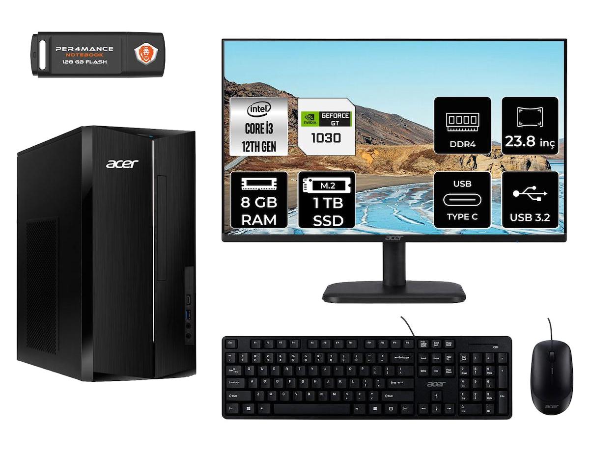 Acer Aspire TC1760 DT.BHUEM.004 Harici GeForce GT 1030 Intel Core i3 12100 8 GB Ram 1 TB SSD Tower FreeDos 23.8 inç Monitörlü Masaüstü Bilgisayar