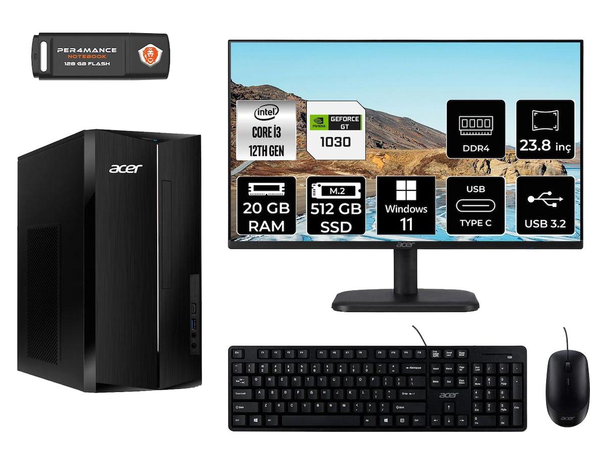 Acer Aspire TC1760 DT.BHUEM.004 Harici GeForce GT 1030 Intel Core i3 12100 20 GB Ram 512 GB SSD Tower Windows 11 Pro 23.8 inç Monitörlü Masaüstü Bilgisayar