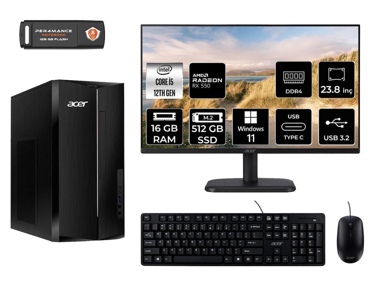 Acer Aspire TC1760 DT.BHUEM.005 Harici Radeon RX 550 Intel Core i5 12400 16 GB Ram 512 GB SSD Tower Windows 11 Home 23.8 inç Monitörlü Masaüstü Bilgisayar