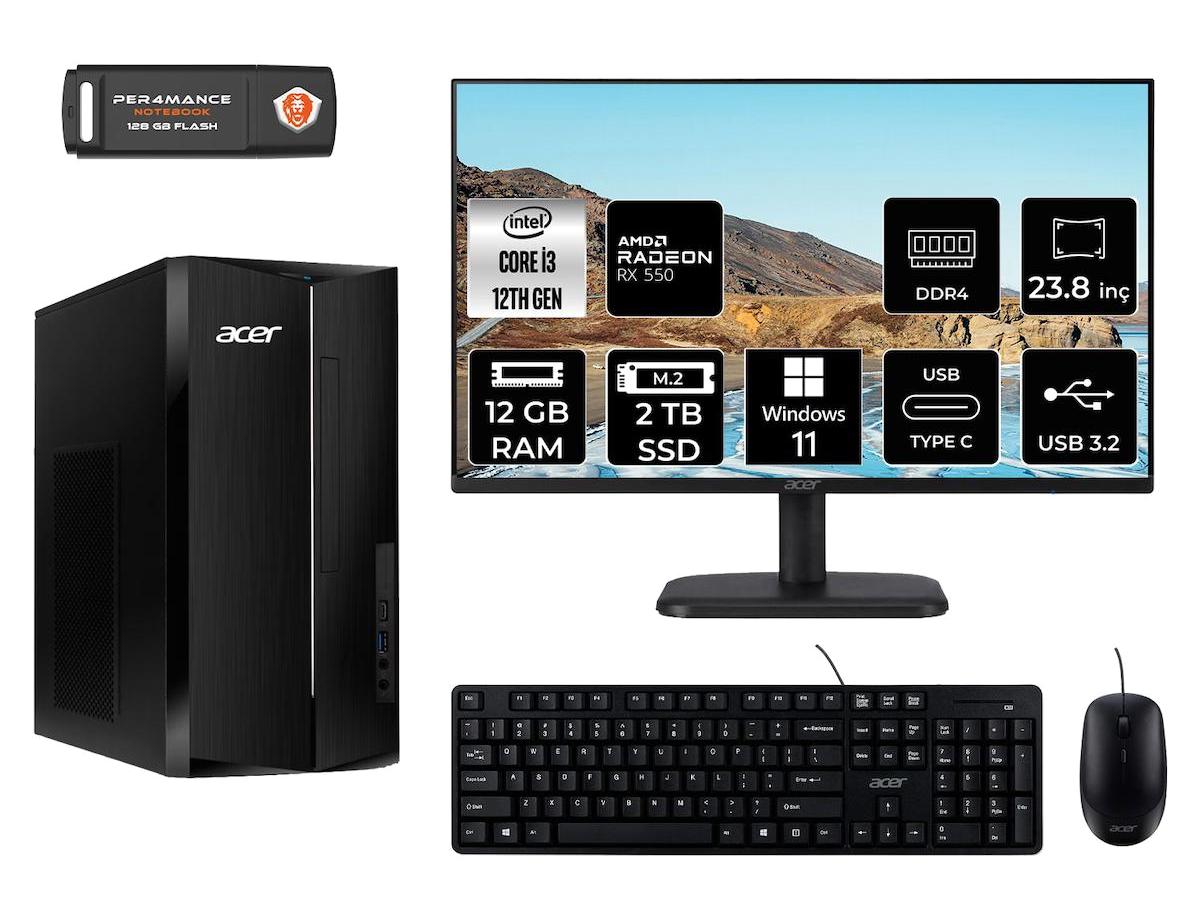 Acer Aspire TC1760 DT.BHUEM.004 Harici Radeon RX 550 Intel Core i3 12100 12 GB Ram 2 TB SSD Tower Windows 11 Home 23.8 inç Monitörlü Masaüstü Bilgisayar