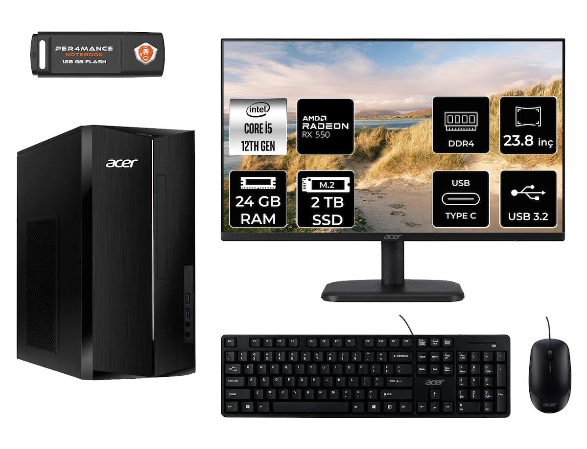 Acer Aspire TC1760 DT.BHUEM.005 Harici Radeon RX 550 Intel Core i5 12400 24 GB Ram 2 TB SSD Tower FreeDos 23.8 inç Monitörlü Masaüstü Bilgisayar