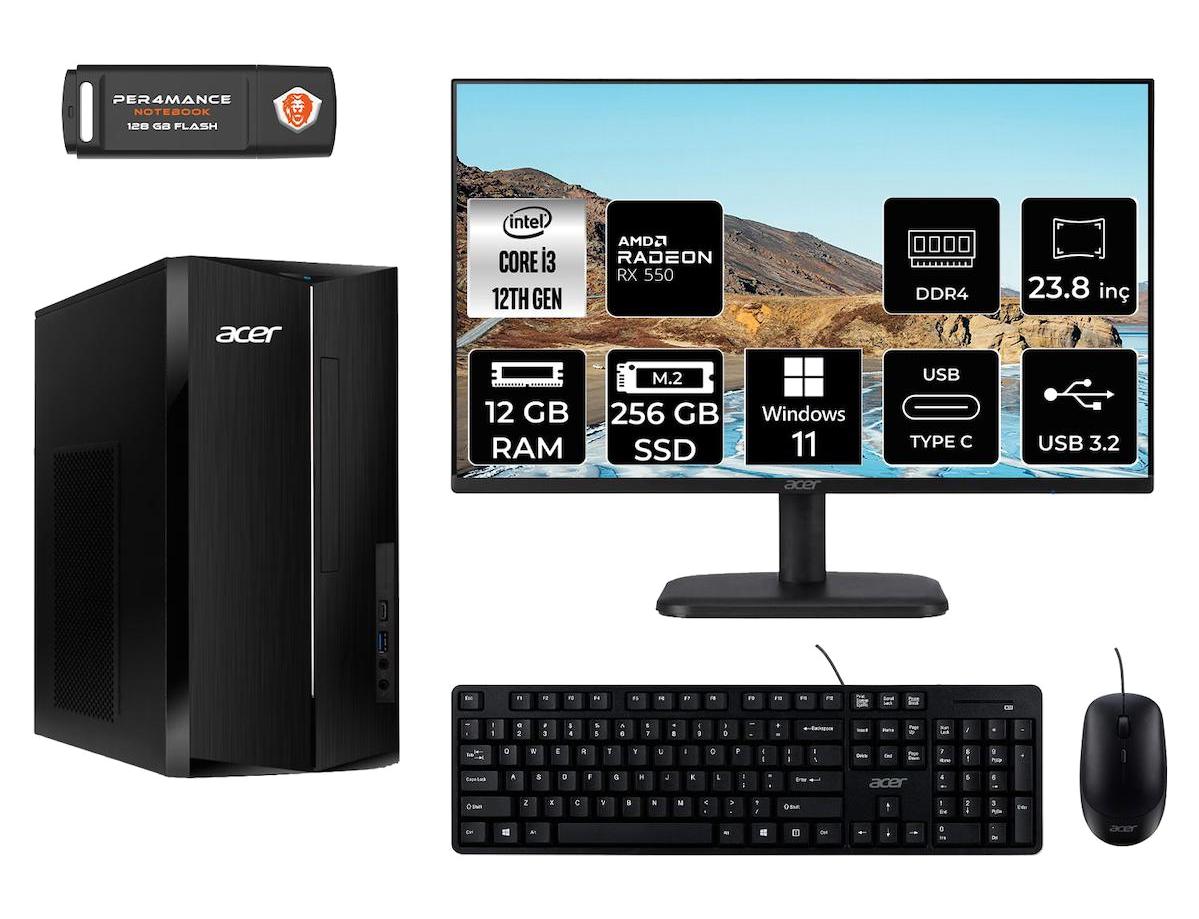 Acer Aspire TC1760 DT.BHUEM.004 Harici Radeon RX 550 Intel Core i3 12100 12 GB Ram 256 GB SSD Tower Windows 11 Home 23.8 inç Monitörlü Masaüstü Bilgisayar