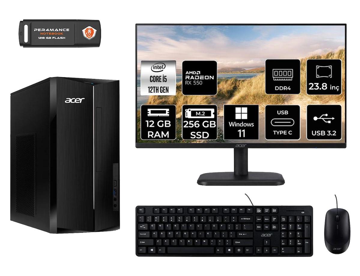 Acer Aspire TC1760 DT.BHUEM.005 Harici Radeon RX 550 Intel Core i5 12400 12 GB Ram 256 GB SSD Tower Windows 11 Pro 23.8 inç Monitörlü Masaüstü Bilgisayar