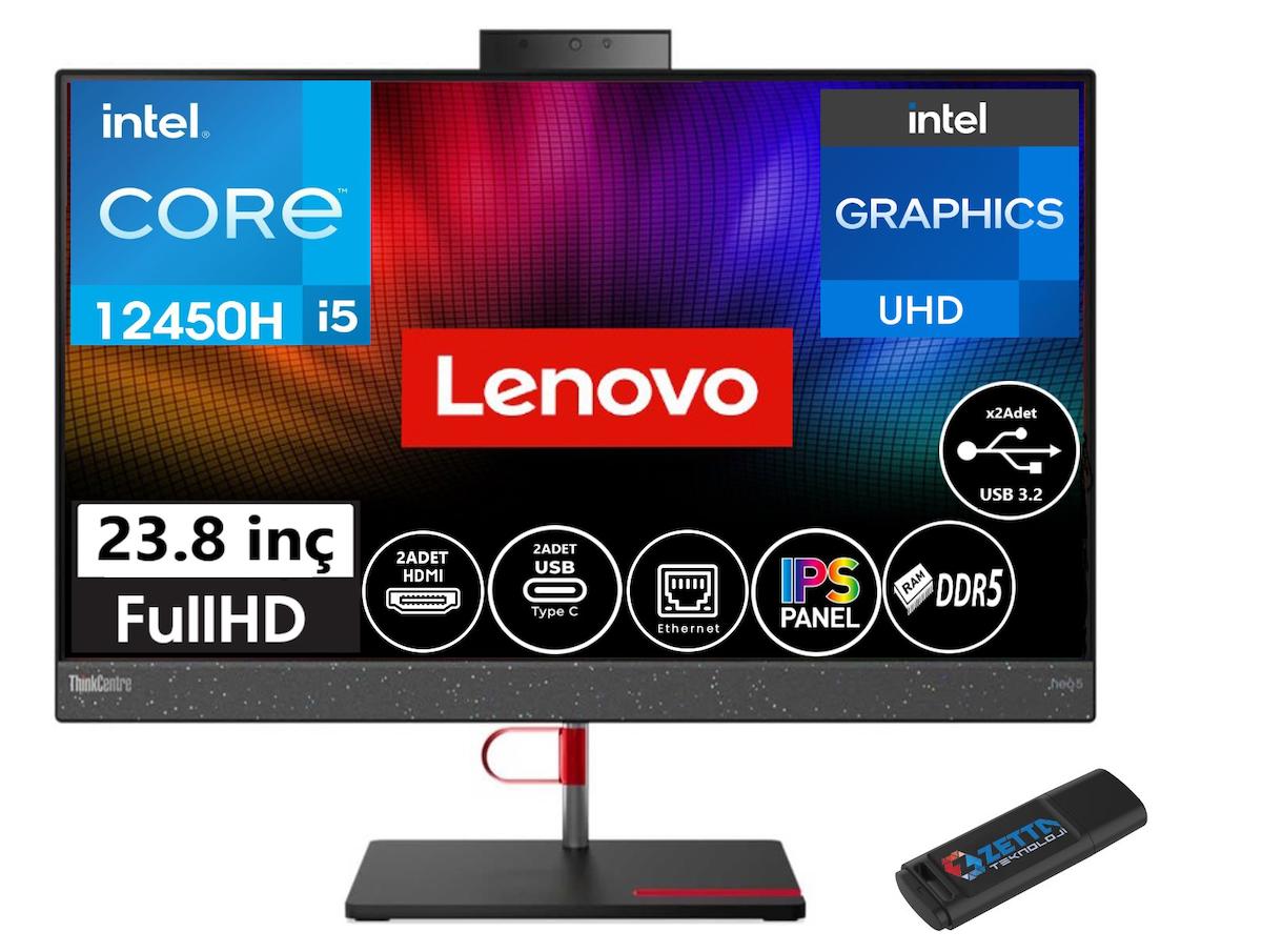 Lenovo ThinkCentre Neo 50A F12B800DHTX11 Dahili UHD Graphics Intel Core i5 12450H 16 GB Ram 1 TB SSD 23.8 inç Full HD Windows 11 Home All In One Bilgisayar + Zetta Flash Bellek