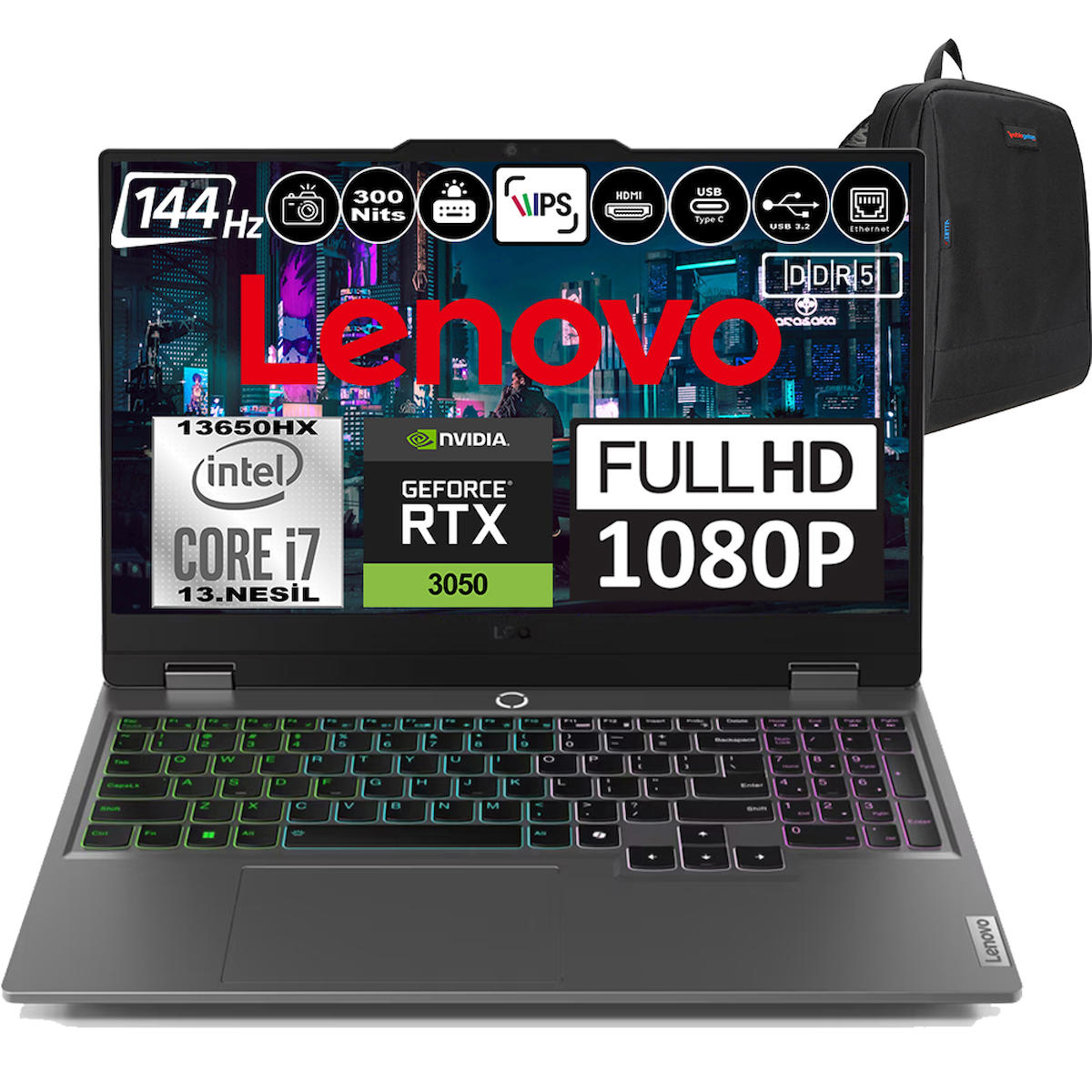 Lenovo LOQ 15IRX9 83DV00G5TRH01 Harici GeForce RTX 3050 Intel Core i7 13650HX 16 GB DDR5 Ram 512 GB SSD 15.6 inç Full HD Windows 11 Home Oyuncu Laptop + Zetta Çanta