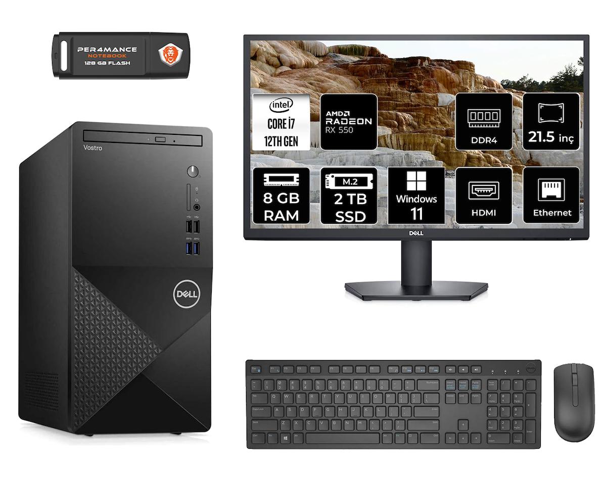 Dell Vostro 3910 MN753910D204 Harici Radeon RX 550 Intel Core i7 12700 8 GB Ram 2 TB SSD Tower Windows 11 Home 21.5 inç Monitörlü Masaüstü Oyuncu Bilgisayarı