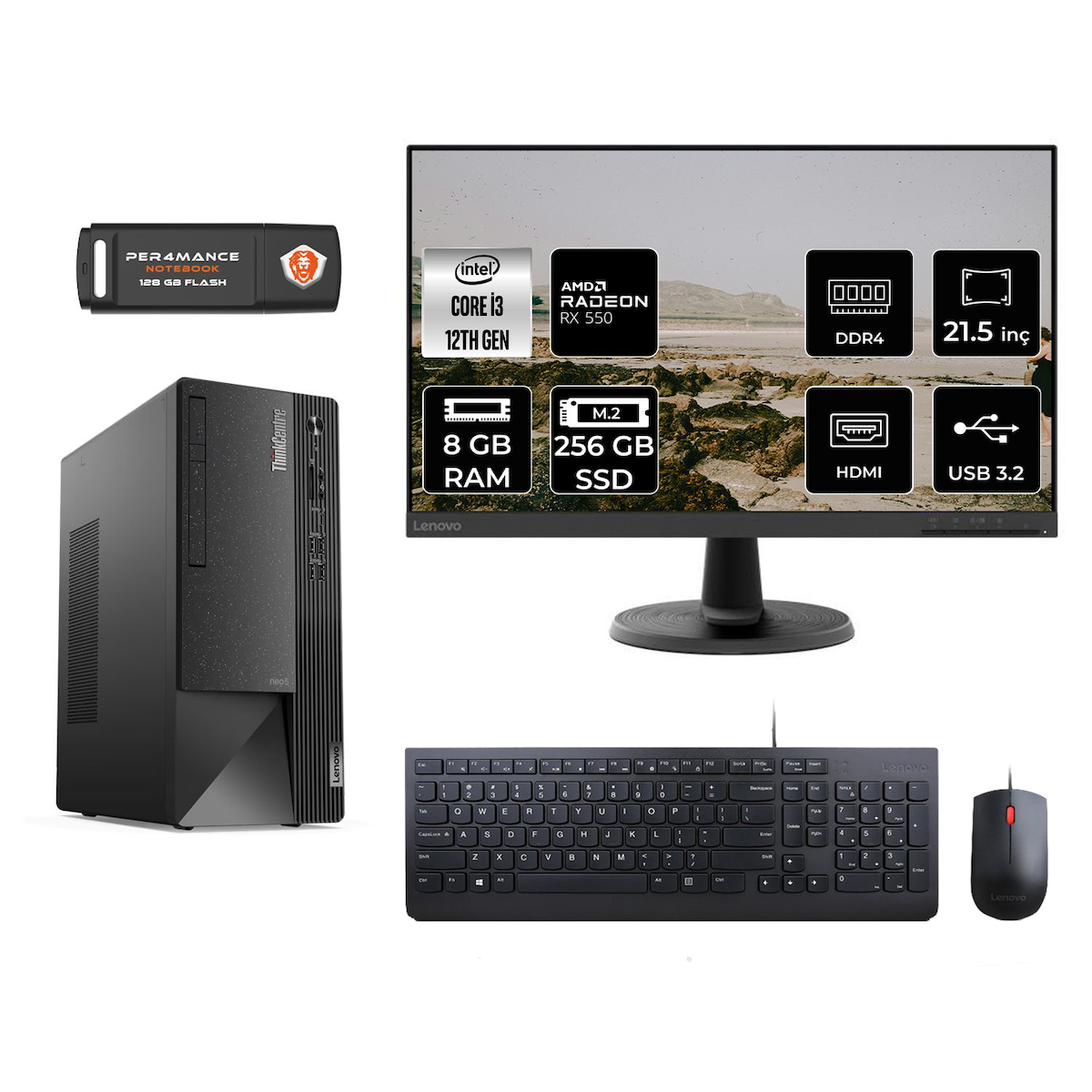 Lenovo Thinkcentre Neo 50T M01ATXD151 Harici Radeon RX 550 Intel Core i3 12100 8 GB Ram 256 GB SSD Tower FreeDos 21.5 inç Monitörlü Masaüstü Oyuncu Bilgisayarı