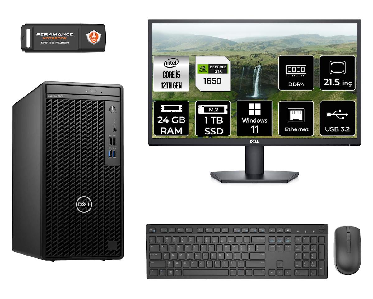 Dell Optiplex 3000 MNO3000D673 Harici GeForce GTX 1650 Intel Core i5 12500 24 GB Ram 1 TB SSD Tower Windows 11 Home 21.5 inç Monitörlü Masaüstü Oyuncu Bilgisayarı