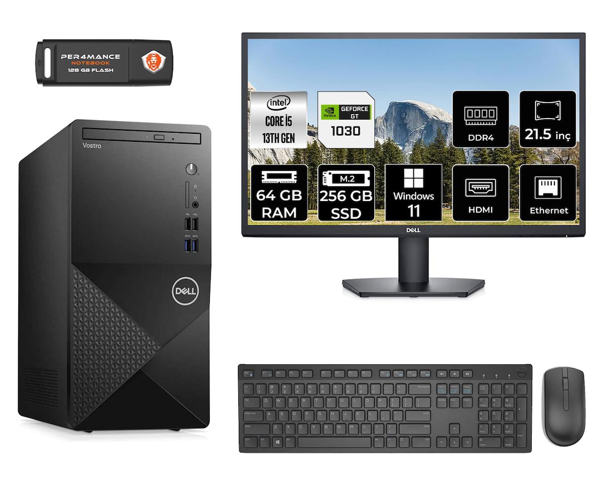 Dell Vostro 3020 MN30201D546 Harici GeForce GT 1030 Intel Core i5 13400 64 GB Ram 256 GB SSD Tower Windows 11 Home 21.5 inç Monitörlü Masaüstü Oyuncu Bilgisayarı