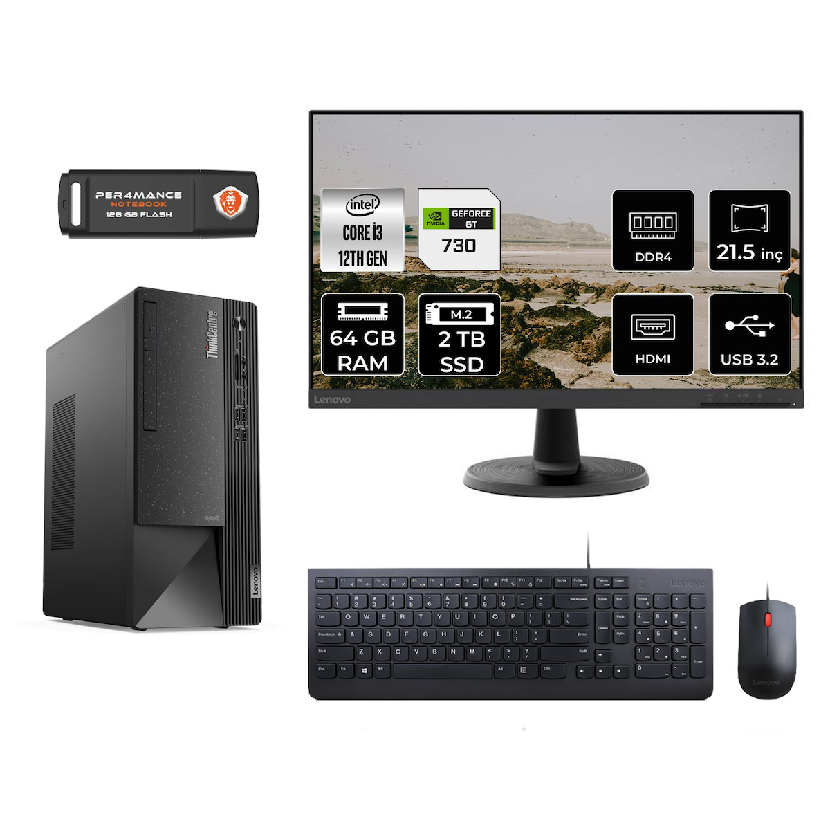 Lenovo Thinkcentre Neo 50T M01ATXD349 Harici GeForce GT 730 Intel Core i3 12100 64 GB Ram 2 TB SSD Tower FreeDos 21.5 inç Monitörlü Masaüstü Oyuncu Bilgisayarı