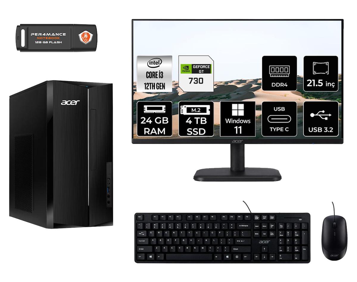 Acer Aspire TC1760 MDT004D375 Harici GeForce GT 730 Intel Core i3 12100 24 GB Ram 4 TB SSD Tower Windows 11 Home 21.5 inç Monitörlü Masaüstü Oyuncu Bilgisayarı