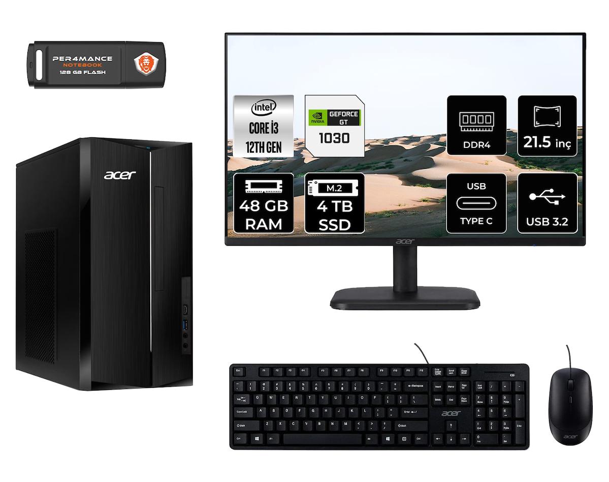 Acer Aspire TC1760 MDT004D495 Harici GeForce GT 1030 Intel Core i3 12100 48 GB Ram 4 TB SSD Tower FreeDos 21.5 inç Monitörlü Masaüstü Oyuncu Bilgisayarı