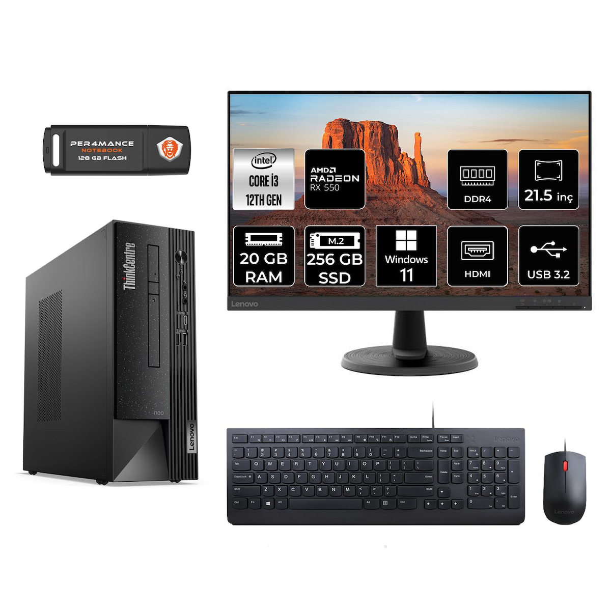 Lenovo Thinkcentre Neo 50S M02VTXD216 Harici Radeon RX 550 Intel Core i3 12100 20 GB Ram 256 GB SSD Tower Windows 11 Home 21.5 inç Monitörlü Masaüstü Oyuncu Bilgisayarı