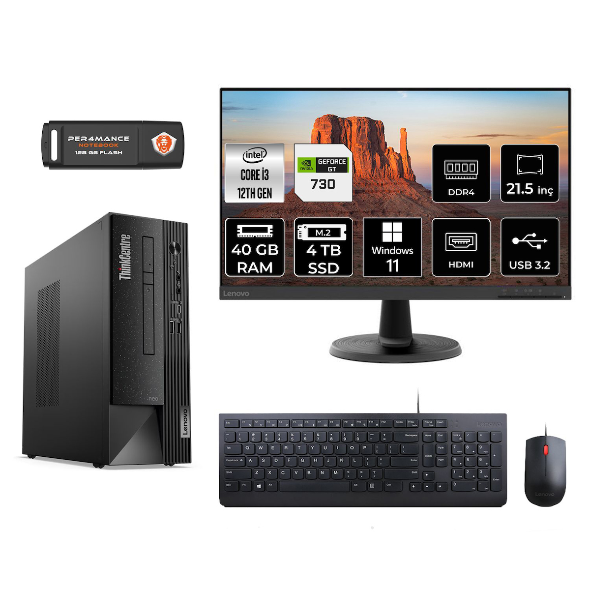 Lenovo Thinkcentre Neo 50S M02VTXD390 Harici GeForce GT 730 Intel Core i3 12100 40 GB Ram 4 TB SSD Tower Windows 11 Home 21.5 inç Monitörlü Masaüstü Oyuncu Bilgisayarı