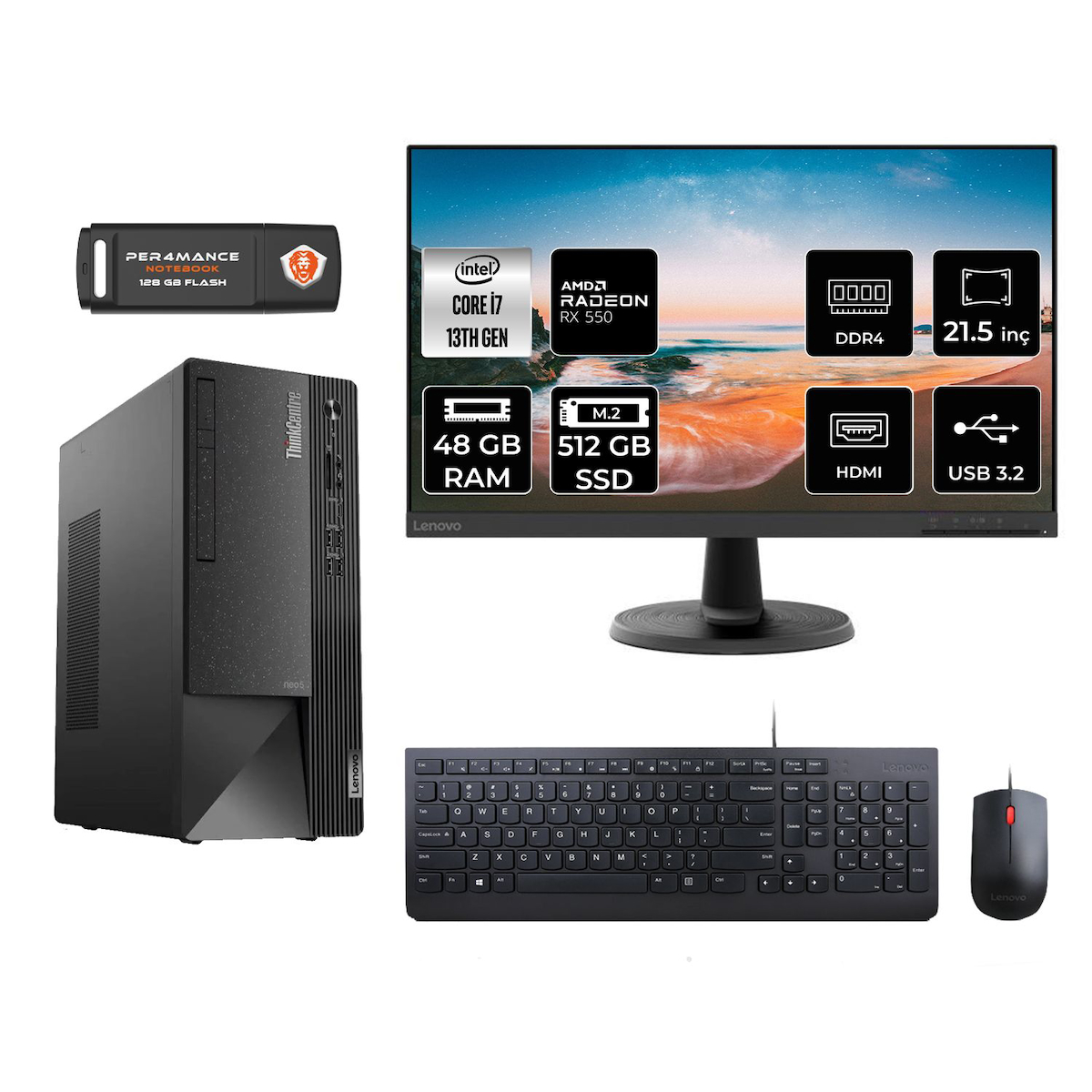 Lenovo Thinkcentre Neo 50T M08TRD192 Harici Radeon RX 550 Intel Core i7 13700 48 GB Ram 512 GB SSD Tower FreeDos 21.5 inç Monitörlü Masaüstü Oyuncu Bilgisayarı