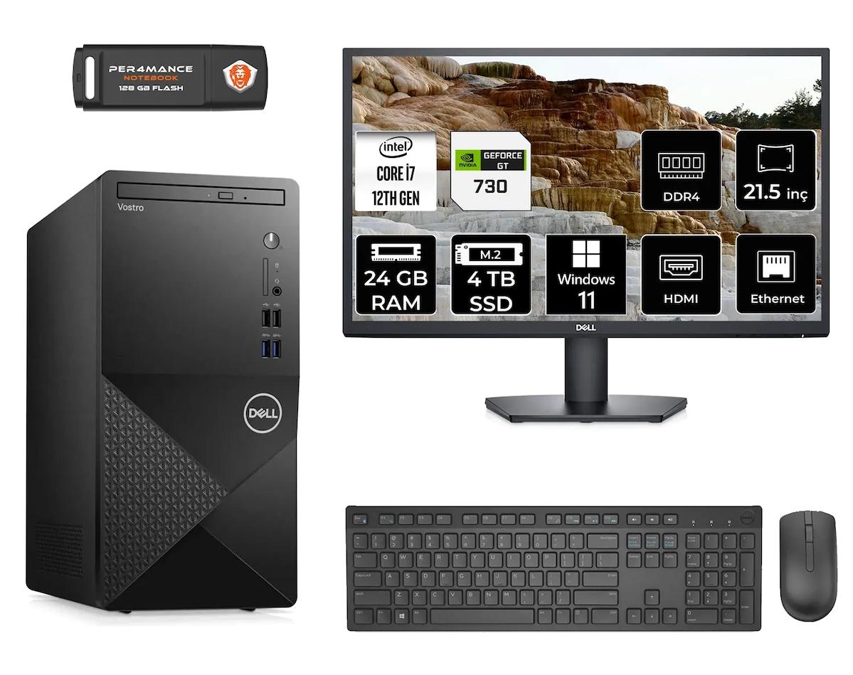 Dell Vostro 3910 MN753910D425 Harici GeForce GT 730 Intel Core i7 12700 24 GB Ram 4 TB SSD Tower Windows 11 Pro 21.5 inç Monitörlü Masaüstü Oyuncu Bilgisayarı