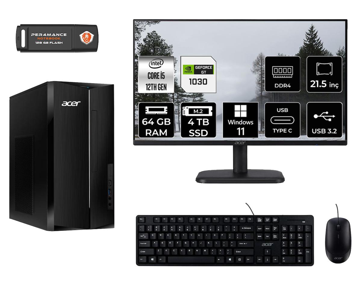 Acer Aspire TC1760 MDT005D600 Harici GeForce GT 1030 Intel Core i5 12400 64 GB Ram 4 TB SSD Tower Windows 11 Pro 21.5 inç Monitörlü Masaüstü Oyuncu Bilgisayarı