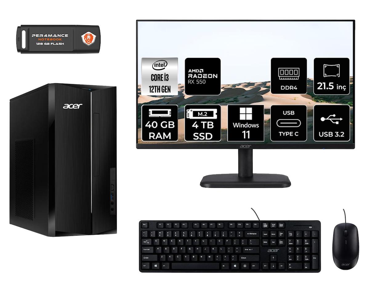 Acer Aspire TC1760 MDT004D240 Harici Radeon RX 550 Intel Core i3 12100 40 GB Ram 4 TB SSD Tower Windows 11 Home 21.5 inç Monitörlü Masaüstü Oyuncu Bilgisayarı